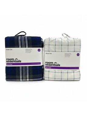 Room Essentials Twin XL Microfiber Sheet 2- Set Blue Plaid & White Grid Wrinkle